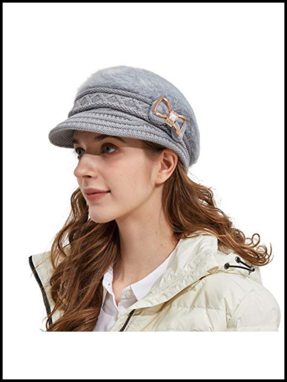 Knit Newsboy Cap Angora Plush Winter Beanie Crystal Bow Crochet
